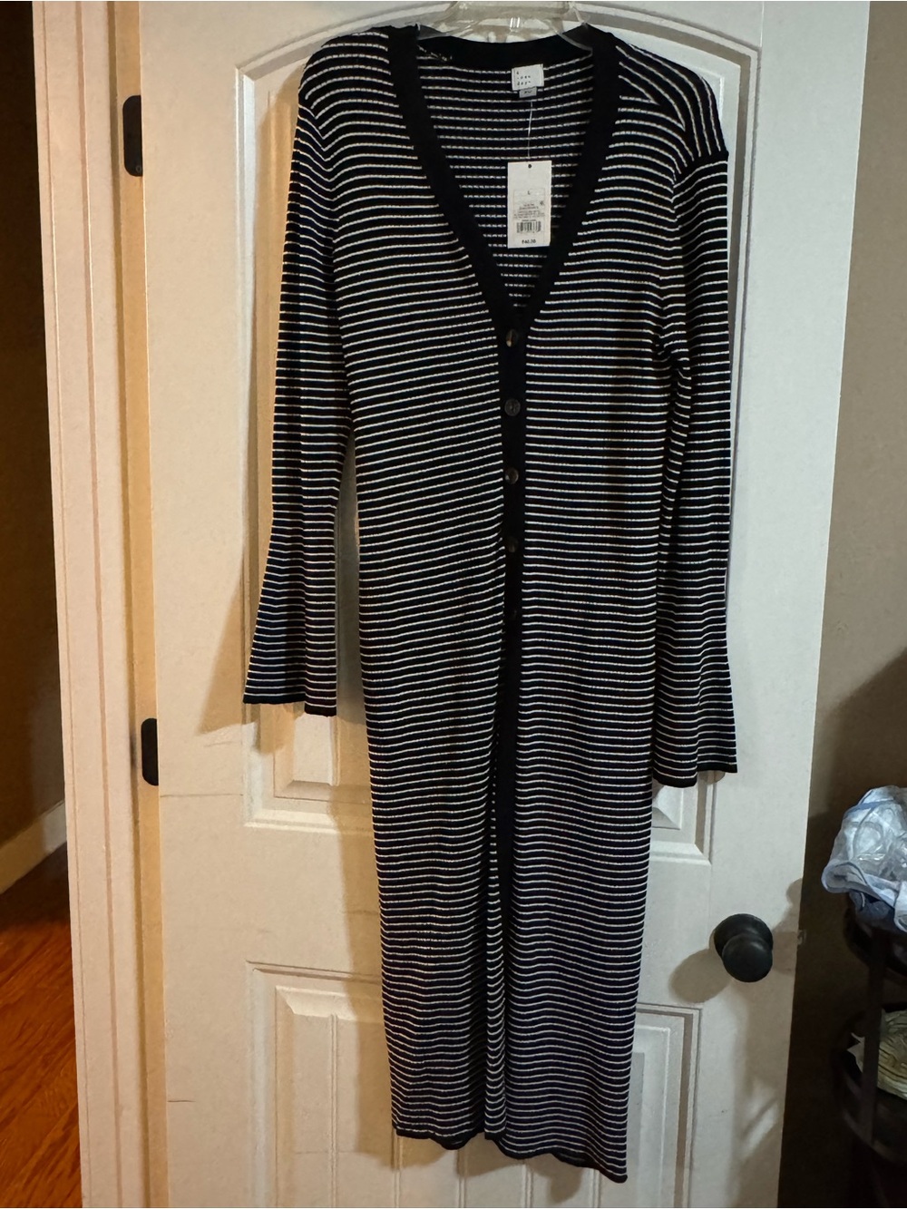 Striped Long Cardigan Dress - Black & White